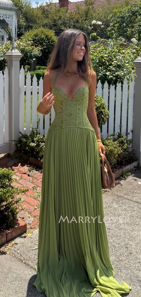 Floor-length Green Chiffon Lace Long Evening Prom Dresses, Straps Prom Dress, MR9612