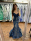 Formal Mermaid Navy Blue Lace Sweetheart Long Evening Prom Dresses, MR9615