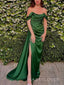 Emerald Green Satin Side Slit Long Evening Prom Dresses, Off Shoulder Prom Dress, MR9620