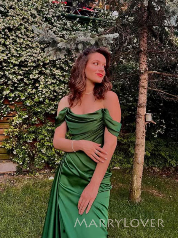 Emerald Green Satin Side Slit Long Evening Prom Dresses, Off Shoulder Prom Dress, MR9620