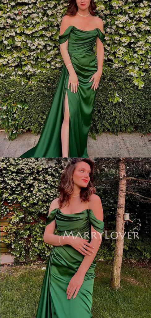 Emerald Green Satin Side Slit Long Evening Prom Dresses, Off Shoulder Prom Dress, MR9620