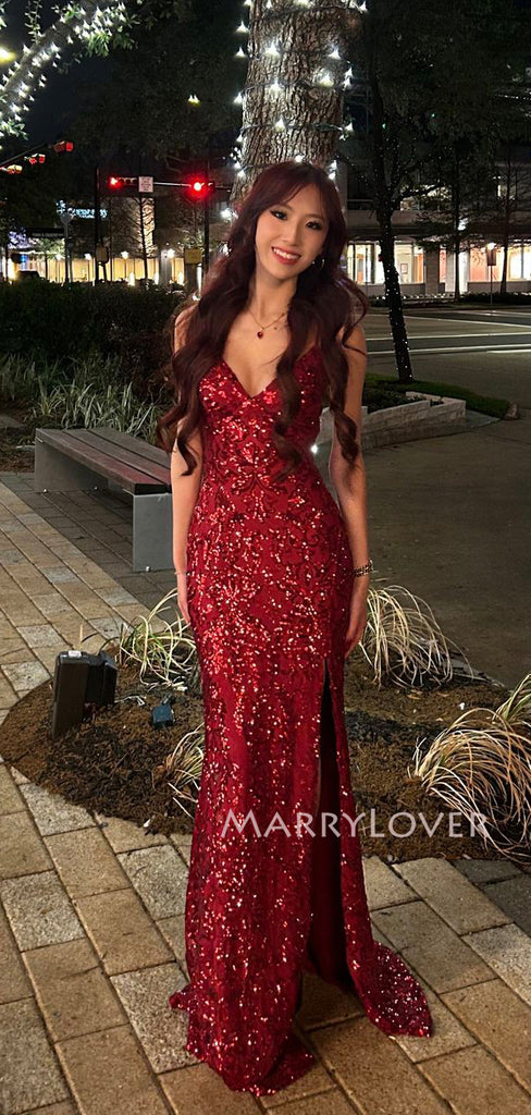 Sparkly Red Mermaid V-neck Long Evening Prom Dresses, MR9621