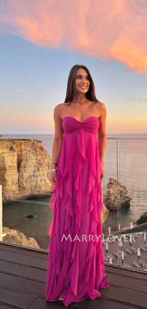 Sweetheart Chiffon A-line Strapless Long Evening Prom Dresses, MR9622