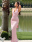 Lovely Pink Satin Mermaid Long Evening Prom Dresses, V-neck Prom Dress, MR9627