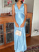 Elegant Mermaid Blue Satin V-neck Long Evening Prom Dresses, MR9630