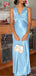 Elegant Mermaid Blue Satin V-neck Long Evening Prom Dresses, MR9630