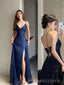 Simple Navy Blue Sequins Long Evening Prom Dresses, High Slit Prom Dress, MR9632