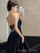 Simple Navy Blue Sequins Long Evening Prom Dresses, High Slit Prom Dress, MR9632