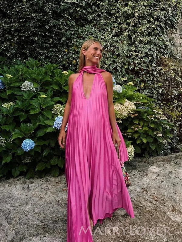 Deep V-neck Pink Long Evening Prom Dresses, A-line Prom Dress, MR9633