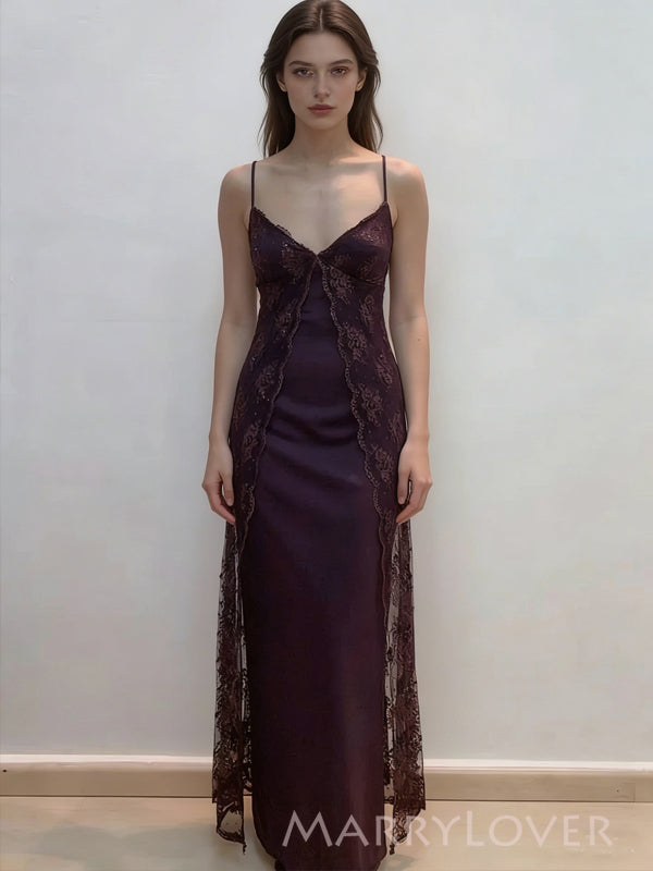 Gorgeous Purple Lace Satin V-neck Long Evening Prom Dresses, MR9635