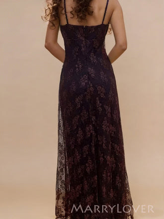 Gorgeous Purple Lace Satin V-neck Long Evening Prom Dresses, MR9635