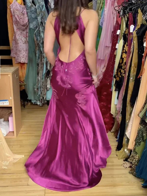Deep V-neck Purple Satin Appliques Long Evening Prom Dresses, MR9636