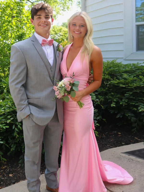 Gorgeous Pink V-neck Mermaid Long Evening Prom Dresses, Halter Backless Prom Dress, MR9637
