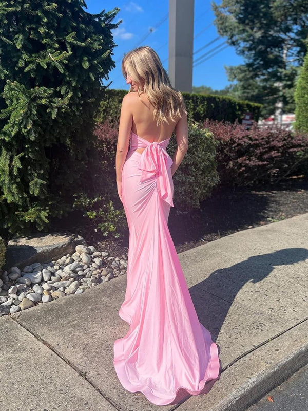 Gorgeous Pink V-neck Mermaid Long Evening Prom Dresses, Halter Backless Prom Dress, MR9637