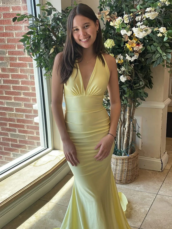 Deep V-neck Mermaid Yellow Long Evening Prom Dresses, MR9638