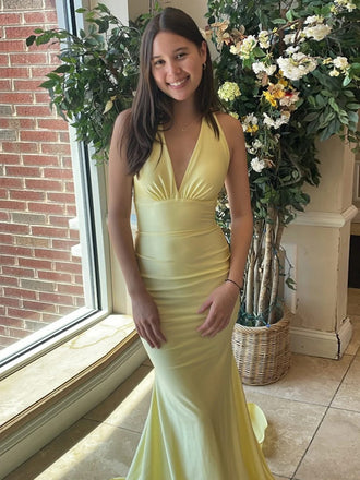 Deep V-neck Mermaid Yellow Long Evening Prom Dresses, MR9638