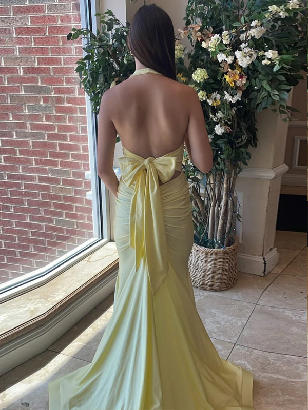 Deep V-neck Mermaid Yellow Long Evening Prom Dresses, MR9638
