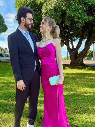 Strapless Satin Mermaid Side Slit Long Evening Prom Dresses, MR9639