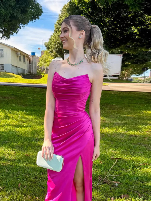 Strapless Satin Mermaid Side Slit Long Evening Prom Dresses, MR9639