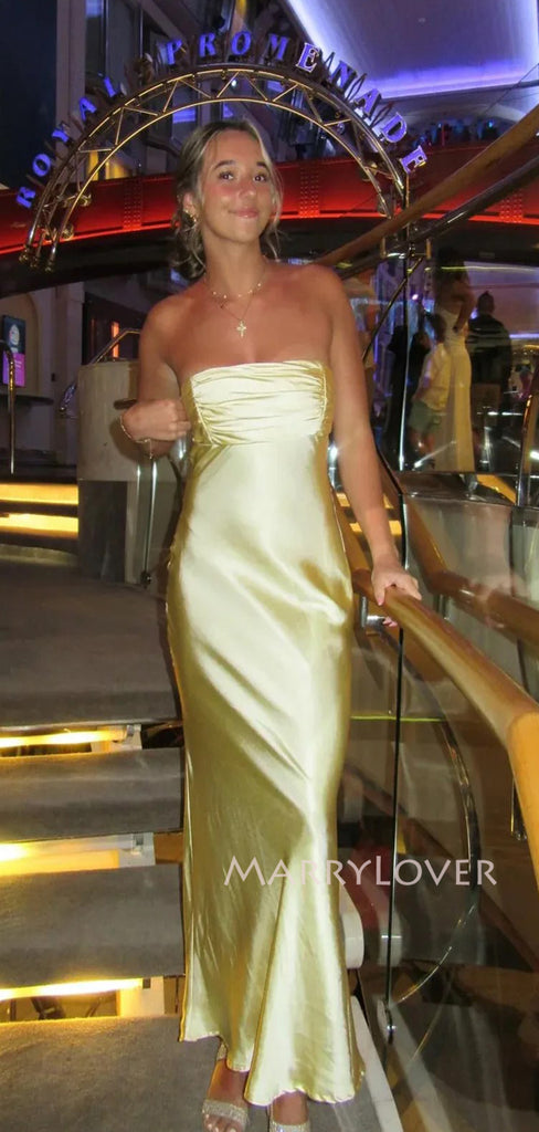 Simple Strapless Yellow Mermaid Long Evening Prom Dresses, MR9640