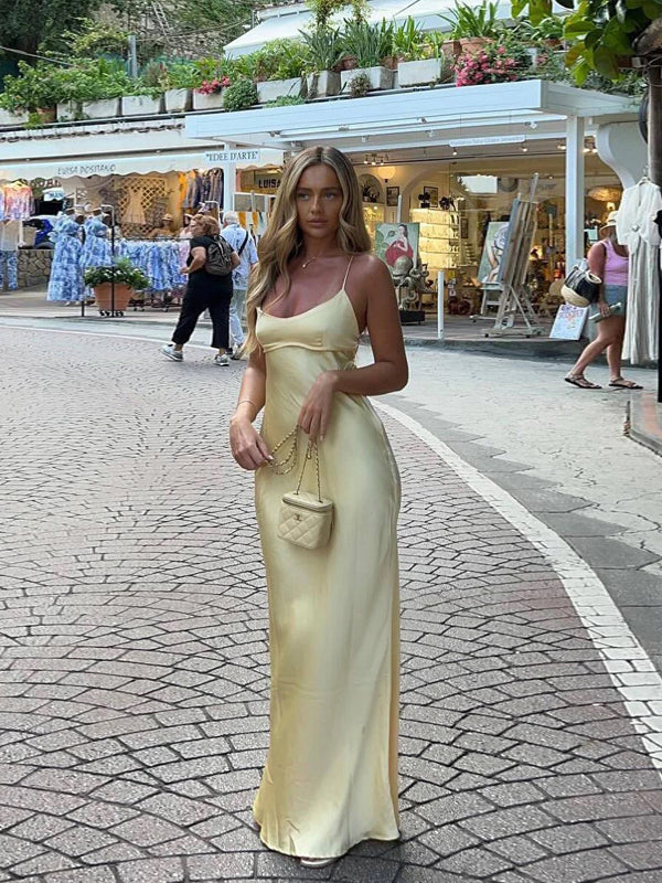 Simple Yellow Mermaid Spaghetti Straps Long Evening Prom Dresses, MR9642