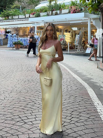 Simple Yellow Mermaid Spaghetti Straps Long Evening Prom Dresses, MR9642