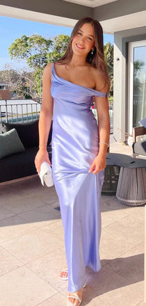 Off Shoulder Purple Satin Mermaid Long Evening Prom Dresses, MR9643