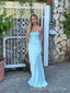 Elegant Strapless Blue Satin Mermaid Long Evening Prom Dresses, MR9645
