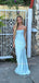 Elegant Strapless Blue Satin Mermaid Long Evening Prom Dresses, MR9645