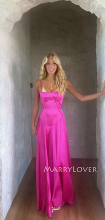 Gorgeous Spaghetti Straps Hot Pink Satin Long Evening Prom Dresses, MR9647