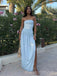 Simple Strapless Blue Chiffon Side Slit Long Evening Prom Dresses, MR9652
