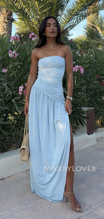 Simple Strapless Blue Chiffon Side Slit Long Evening Prom Dresses, MR9652
