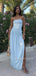Simple Strapless Blue Chiffon Side Slit Long Evening Prom Dresses, MR9652