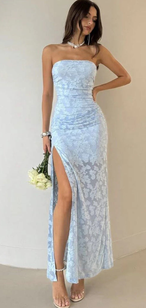 Gorgeous Strapless Blue Lace Side Slit Long Evening Prom Dresses, MR9653