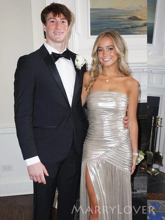 Sparkly Silver Side Slit Strapless Long Evening Prom Dresses, MR9656
