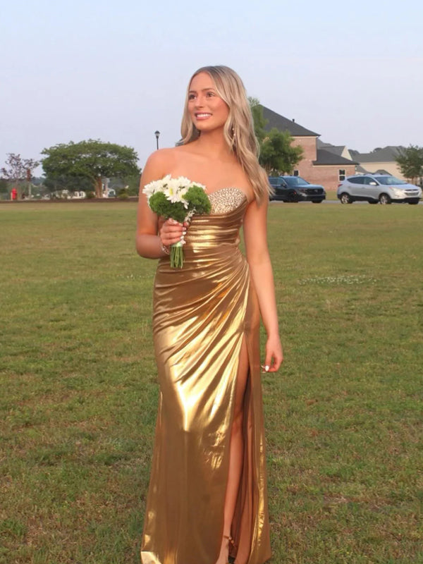 Unique Sparkly Gold Sweetheart Beaded Long Evening Prom Dresses, MR9658