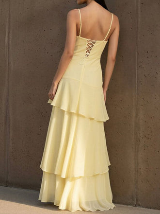 Elegant Spaghetti Straps Yellow Chiffon Long Evening Prom Dresses, MR9659
