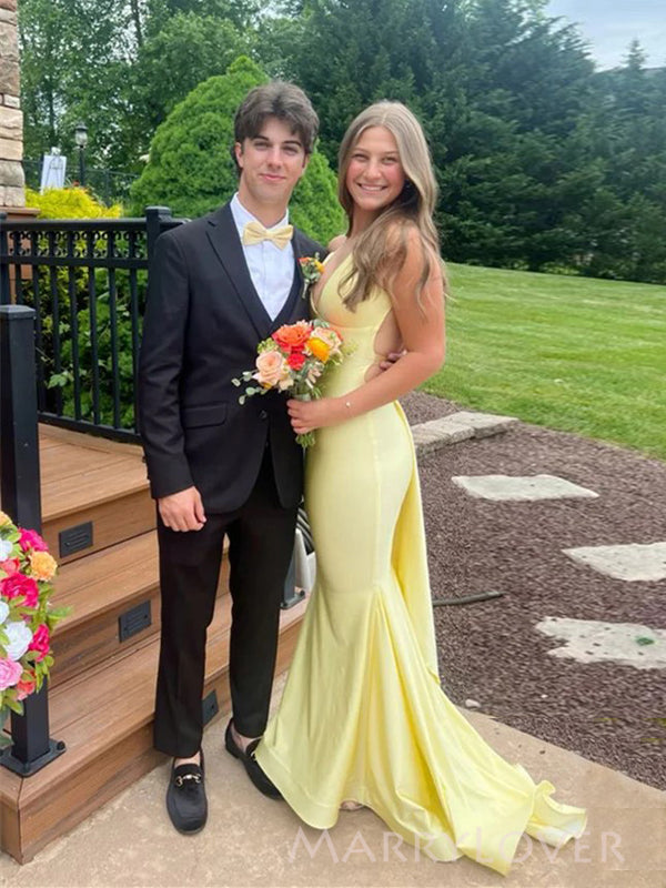 Sexy Backless V-neck Yellow Long Evening Prom Dresses, MR9661