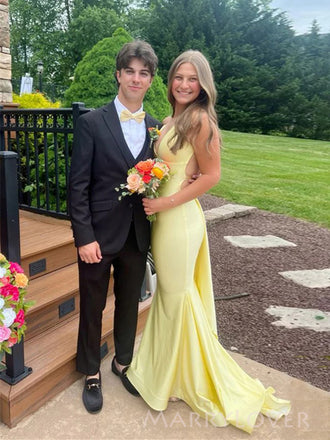 Sexy Backless V-neck Yellow Long Evening Prom Dresses, MR9661