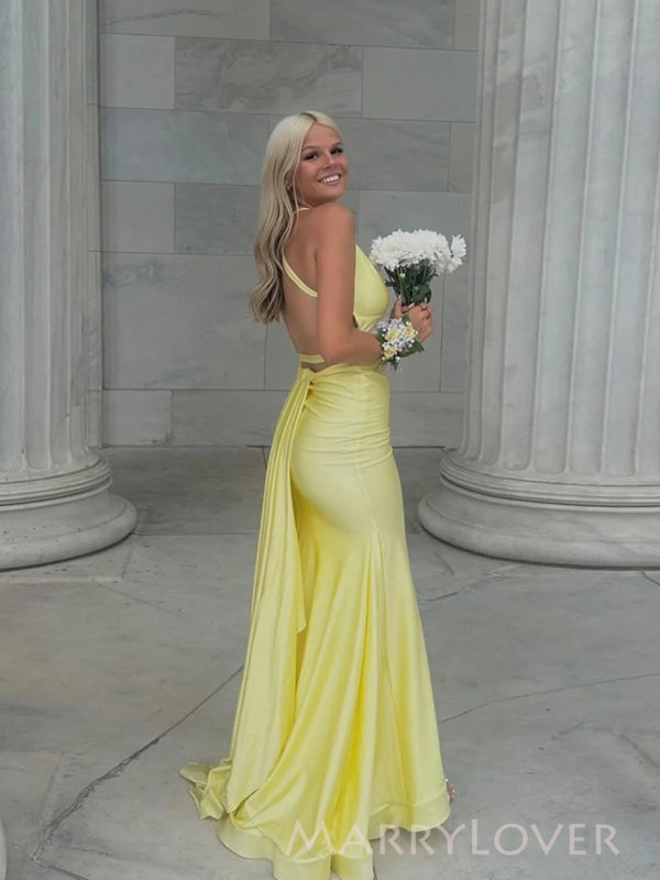 Sexy Backless V-neck Yellow Long Evening Prom Dresses, MR9661