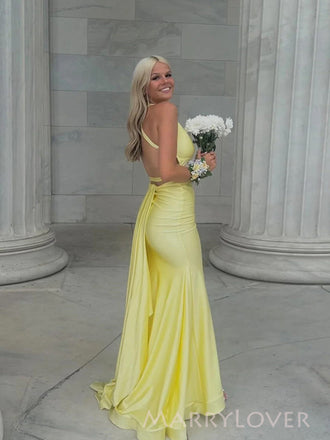 Sexy Backless V-neck Yellow Long Evening Prom Dresses, MR9661