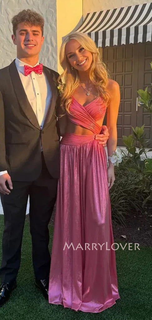 Sexy Backless Pink Spaghetti Straps Long Evening Prom Dresses, MR9667