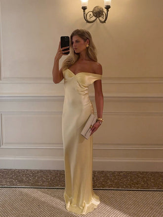 Simple Off Shoulder Yellow Satin Long Evening Prom Dresses, V-neck Prom Dress, MR9668