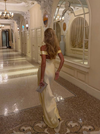 Simple Off Shoulder Yellow Satin Long Evening Prom Dresses, V-neck Prom Dress, MR9668