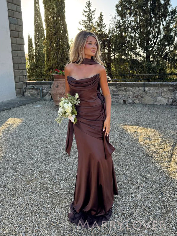 Mermaid Chocolate Satin Strapless Long Evening Prom Dresses, MR9669