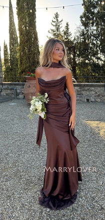 Mermaid Chocolate Satin Strapless Long Evening Prom Dresses, MR9669