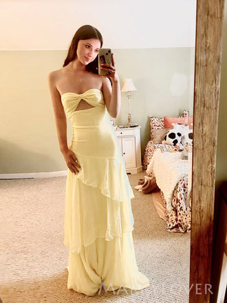 Gorgeous Sweetheart Light Yellow Chiffon Long Evening Prom Dresses, MR9674