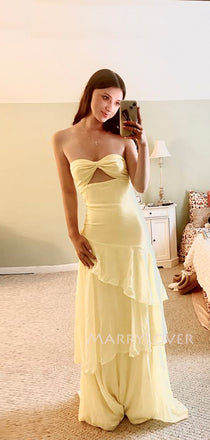 Gorgeous Sweetheart Light Yellow Chiffon Long Evening Prom Dresses, MR9674