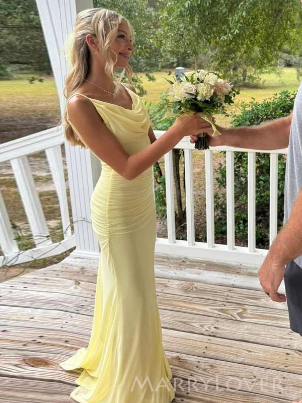 Simple Spaghetti Straps Mermaid Yellow Long Evening Prom Dresses, MR9675