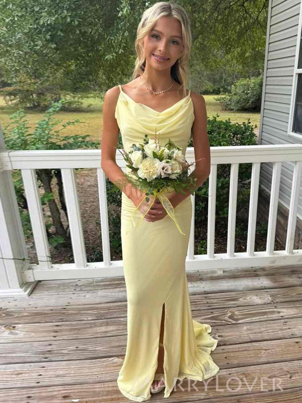 Simple Spaghetti Straps Mermaid Yellow Long Evening Prom Dresses, MR9675